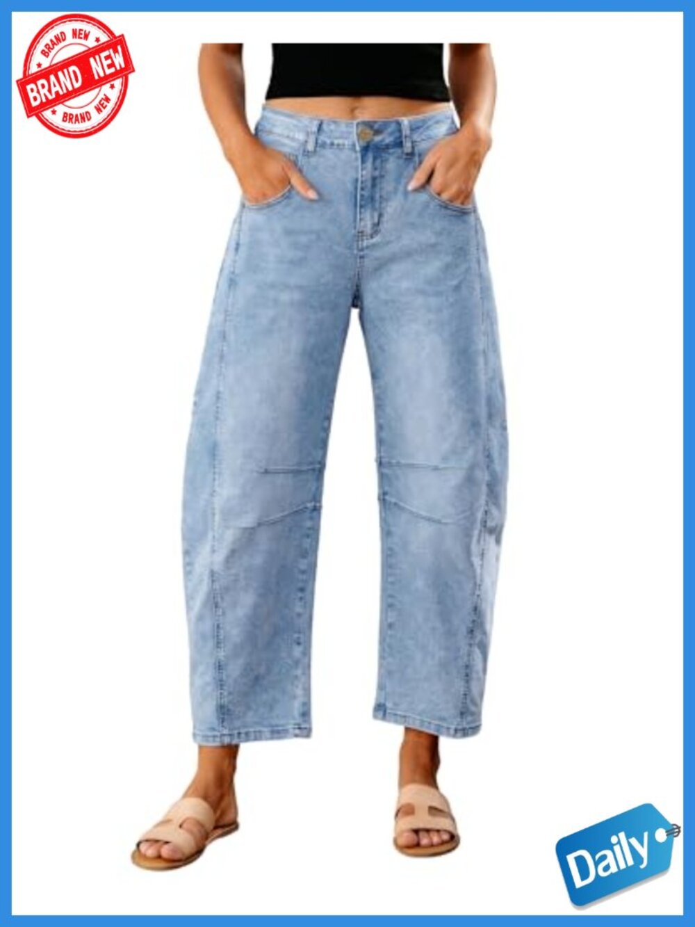 High Waist Barrel Leg Cropped Stretch Denim Jeans with Seam Details 26" Inseam